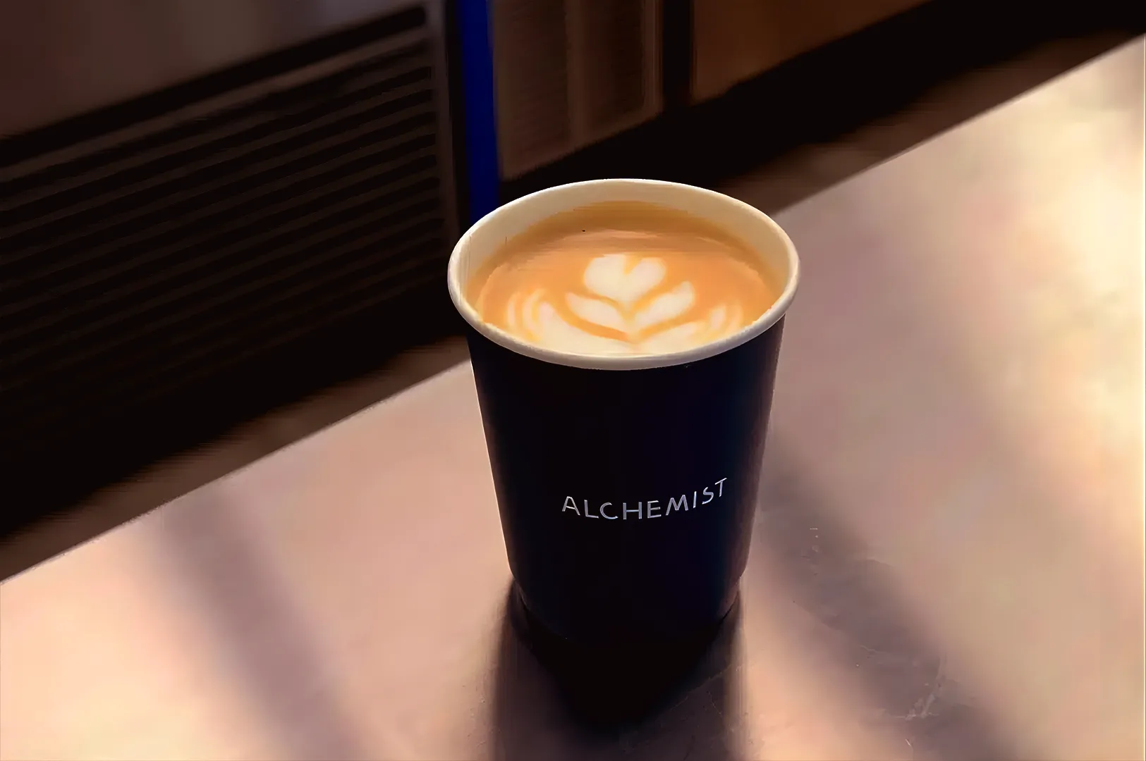 Alchemist Funan Singapore takeaway coffee cup with latte art on metallic table highlighting minimalist cafe design and branding