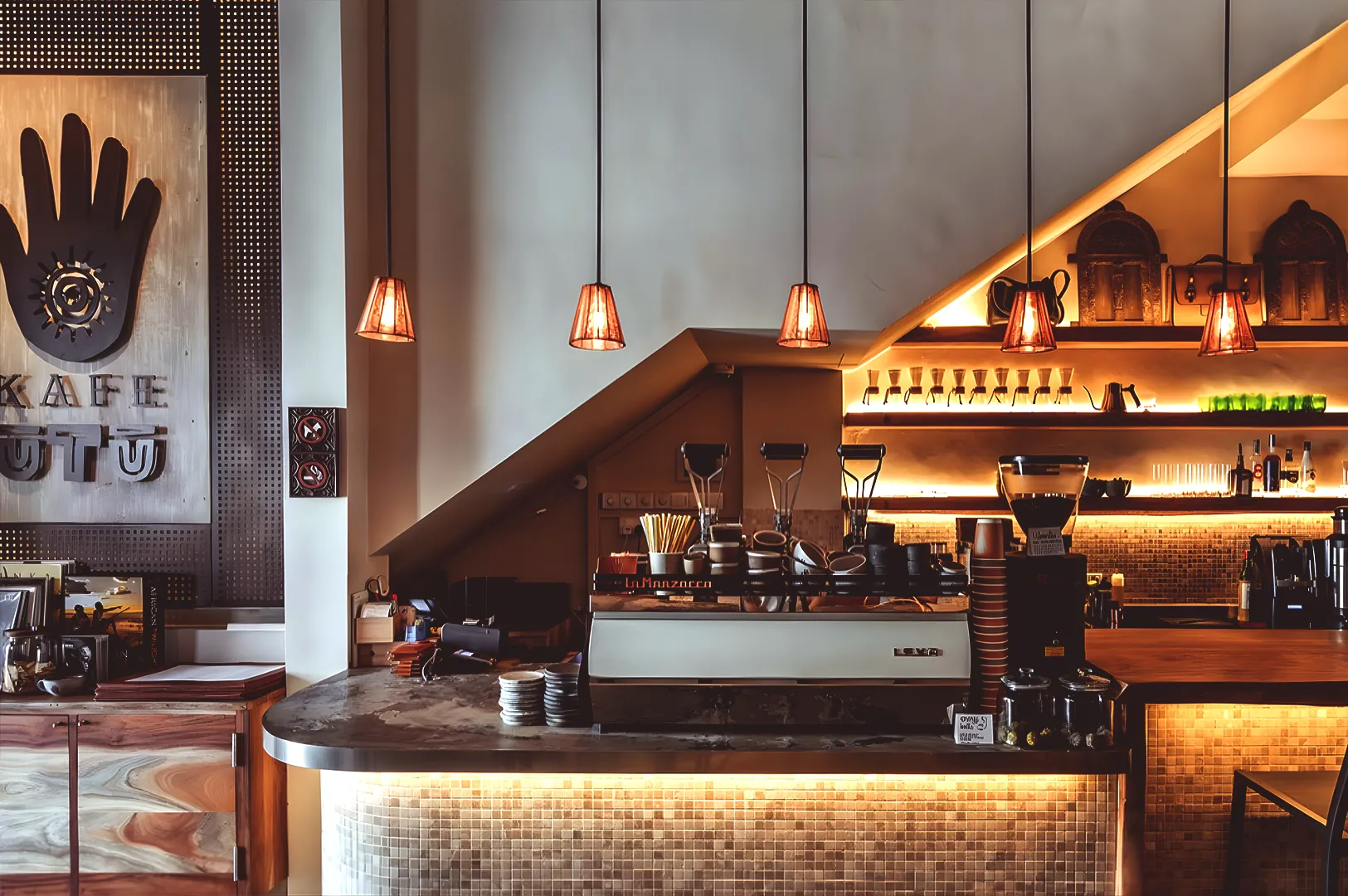 Kafe Utu Singapore interior with warm ambient lighting, espresso bar, and textured African-inspired cafe design creating a moody atmosphere