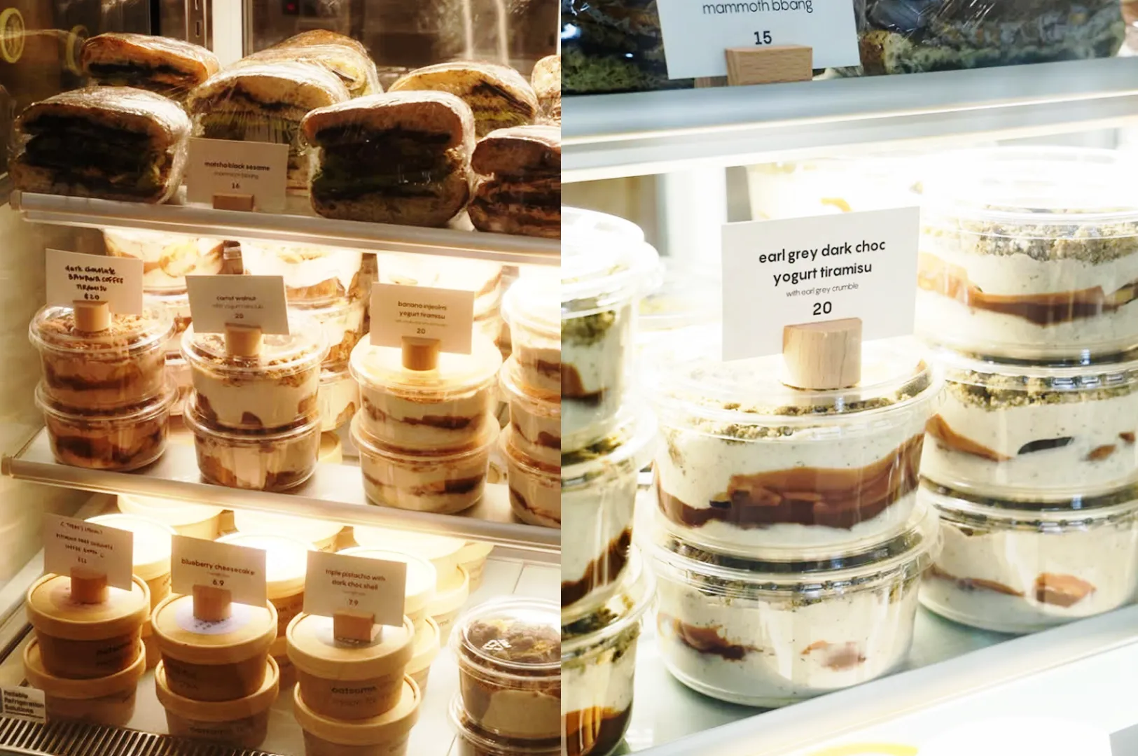 Desserts and sandwiches behind glass display at Oatsome Singapore with soft lighting and reflections creating a quiet minimalist cafe atmosphere