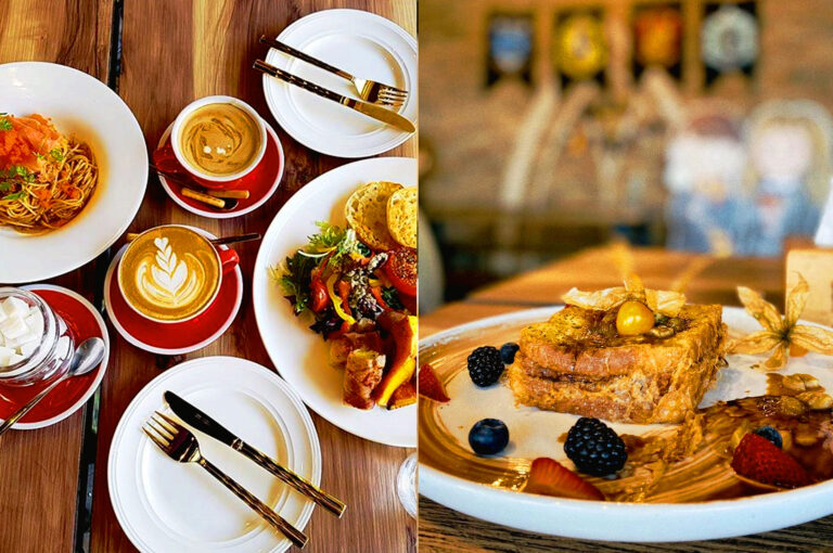 Brunch dishes, latte art coffee, and dessert at Platform 1094 Singapore showcasing fantasy themed cafe dining and aesthetic food presentation