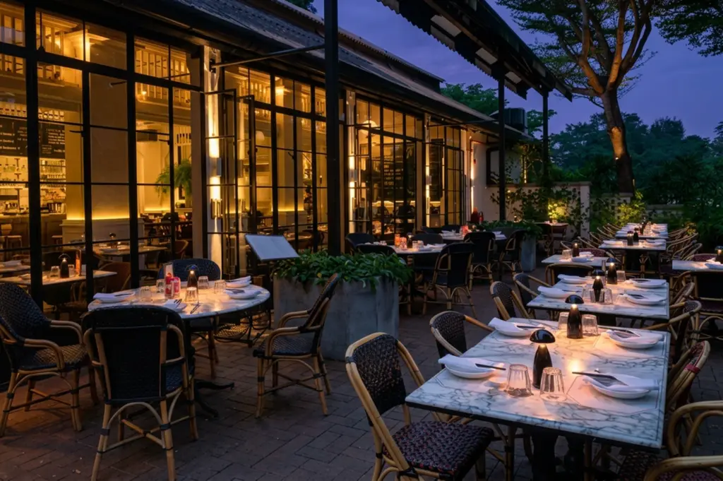 Restaurant patio at dusk with warm lighting and garden views