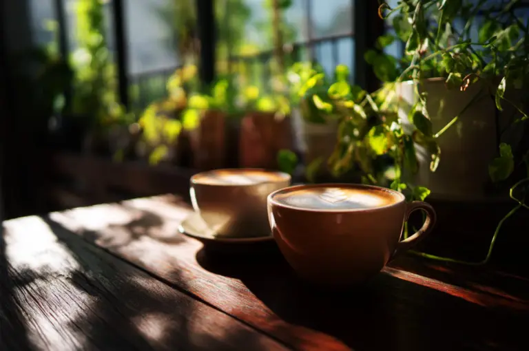 Two coffee cups on wooden table with soft morning sunlight and plants inside quiet Singapore cafe showing calm coffee ritual atmosphere