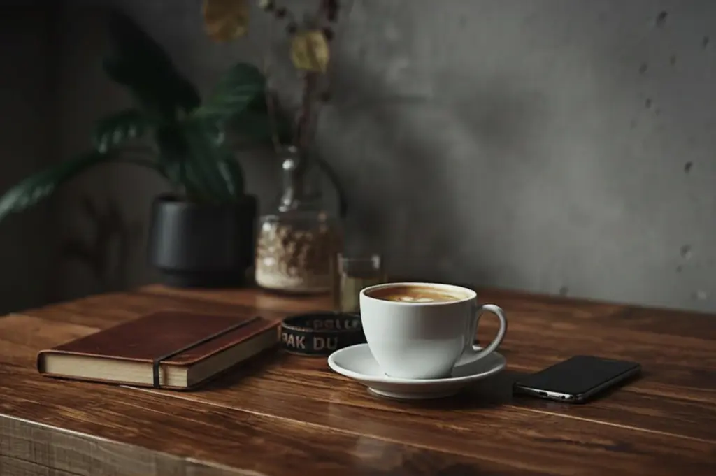 Coffee, books, and notebook on wooden cafe table with dark wall