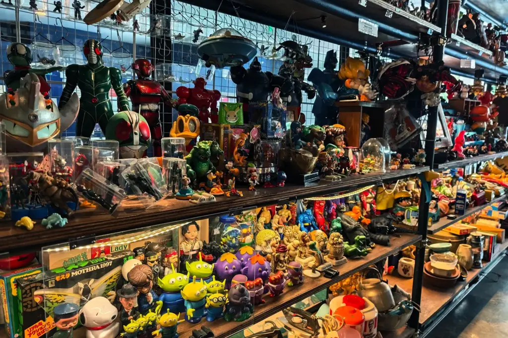 Shelves displaying colorful collectible toys and figurines.