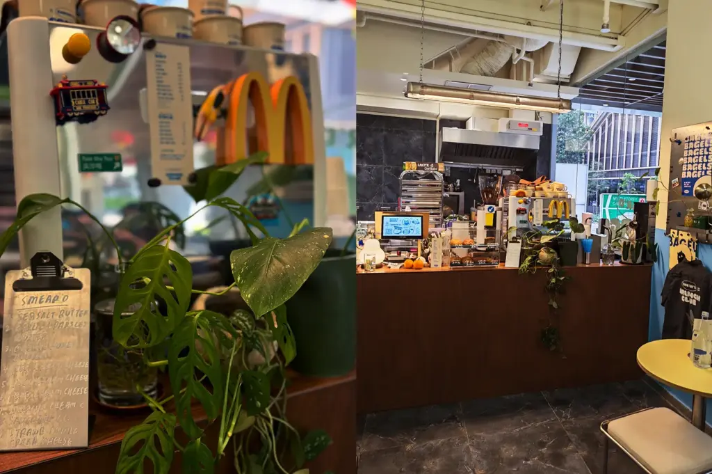 Small cafe corner with a yellow table, chair, and large potted plant against a blue wall.