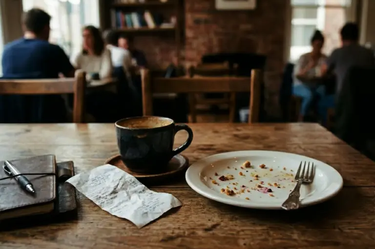 Coffee cup, crumpled receipt, and crumb-streaked empty plate on a wooden cafe table.