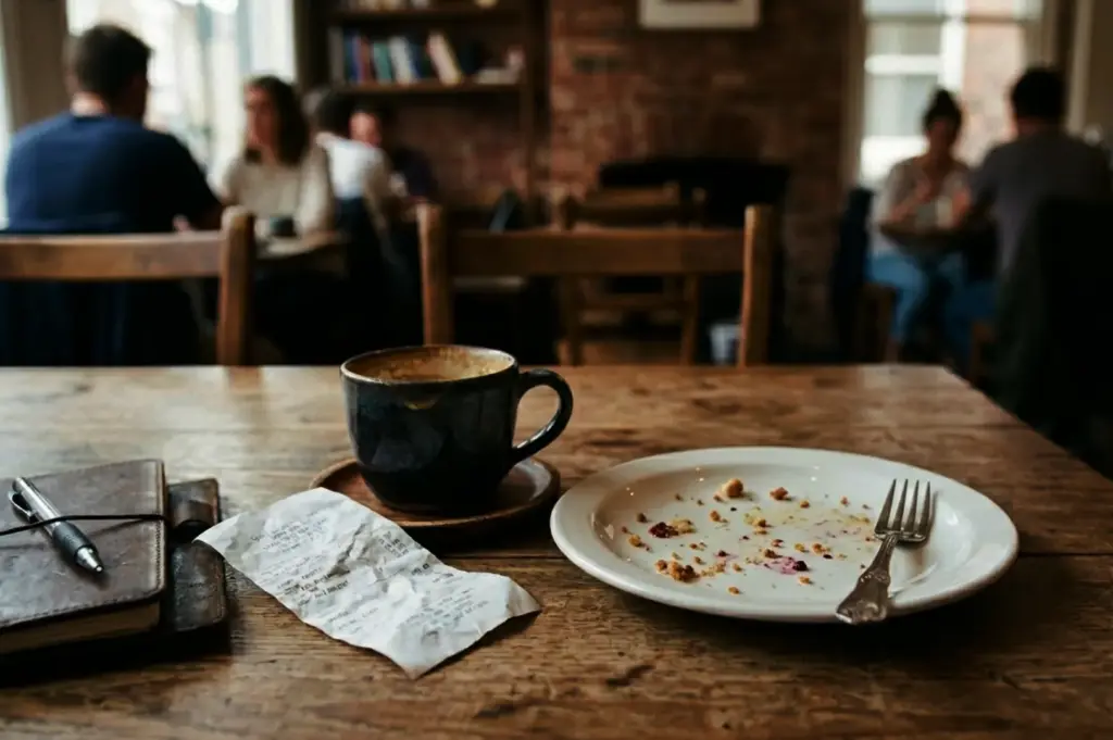Coffee cup, crumpled receipt, and crumb-streaked empty plate on a wooden cafe table.