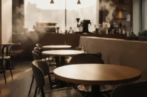 A softly lit cafe interior with round wooden tables and chairs. Steam rises from behind the counter where coffee machines and various bottles are visible.