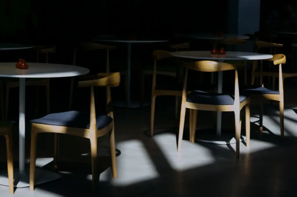 A dimly lit restaurant interior with round tables and wooden chairs, some with dark cushions. Sunlight casts dramatic shadows across the floor.