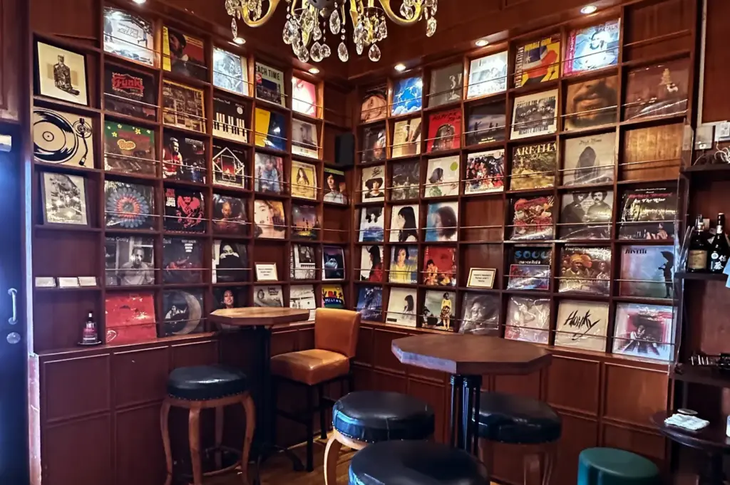 Vinyl record wall display at Corner Corner