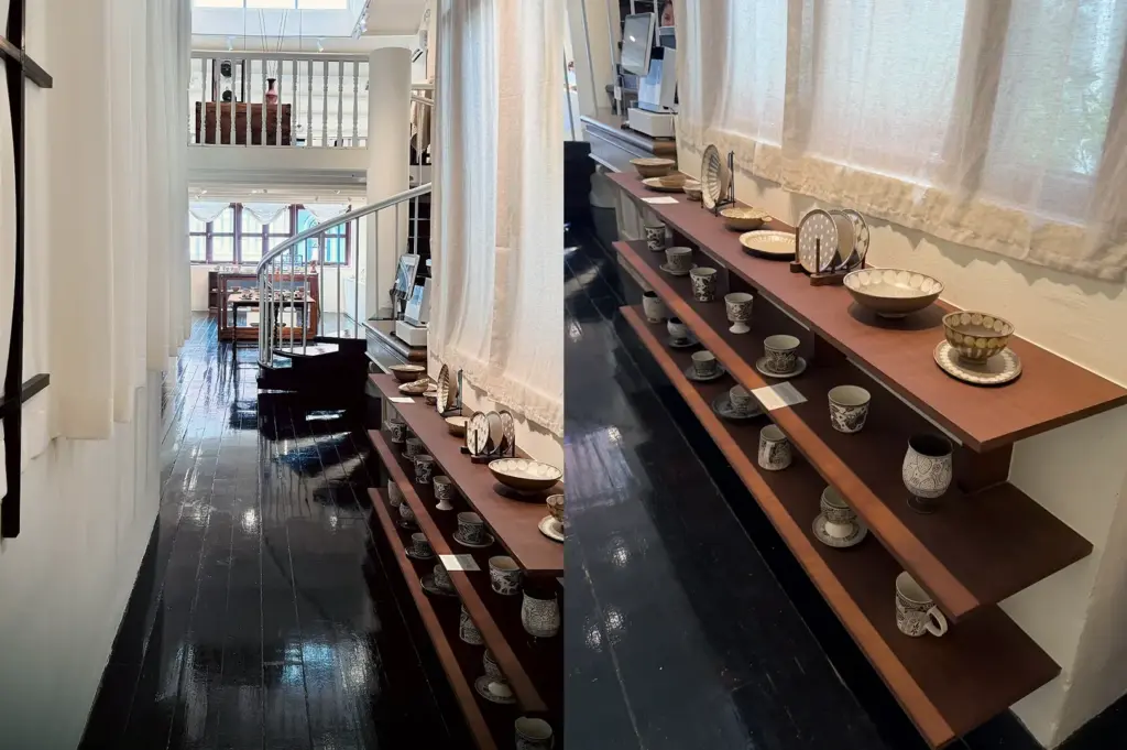 Narrow gallery with ceramic shelves
