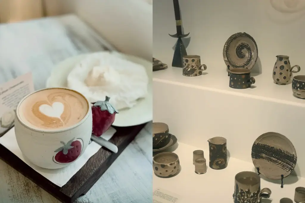 Heart latte and ceramic display wall