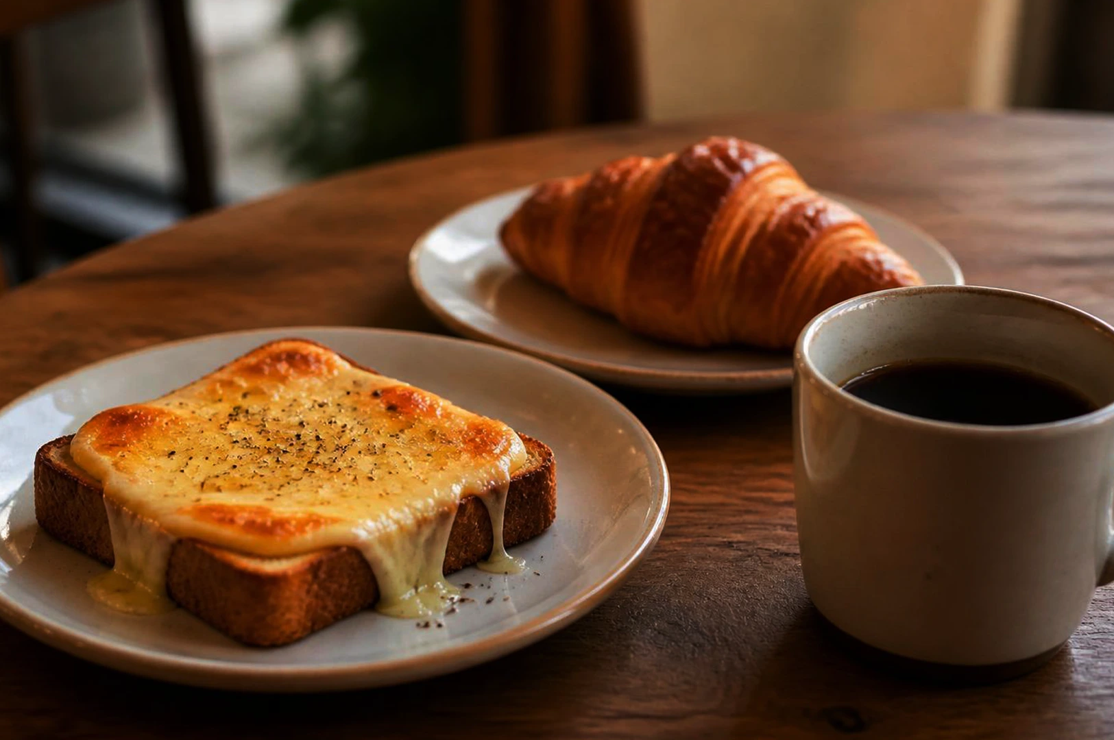 Cheese toast, croissant, and coffee on wooden table.